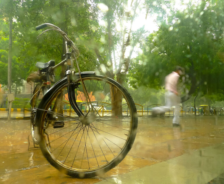 A bike left out in the rain in a park.