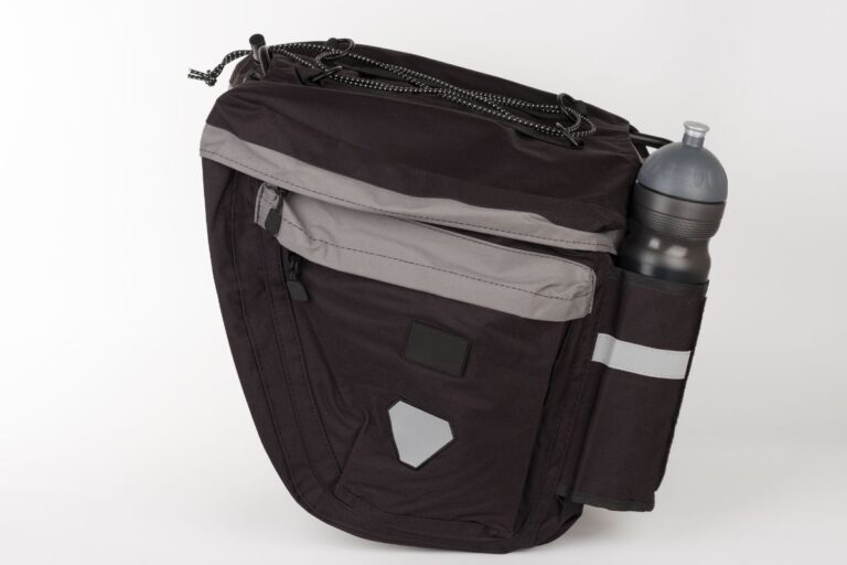 A bag for mountain bike rear rack and a water bottle.