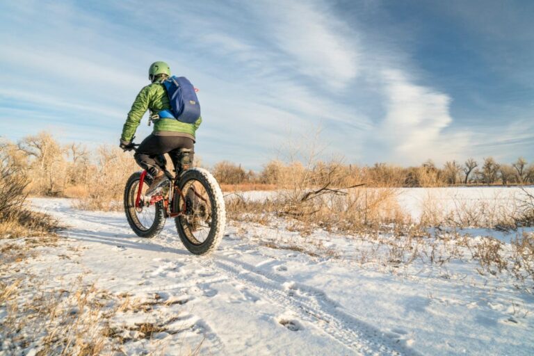 A person biking on a winter snow.