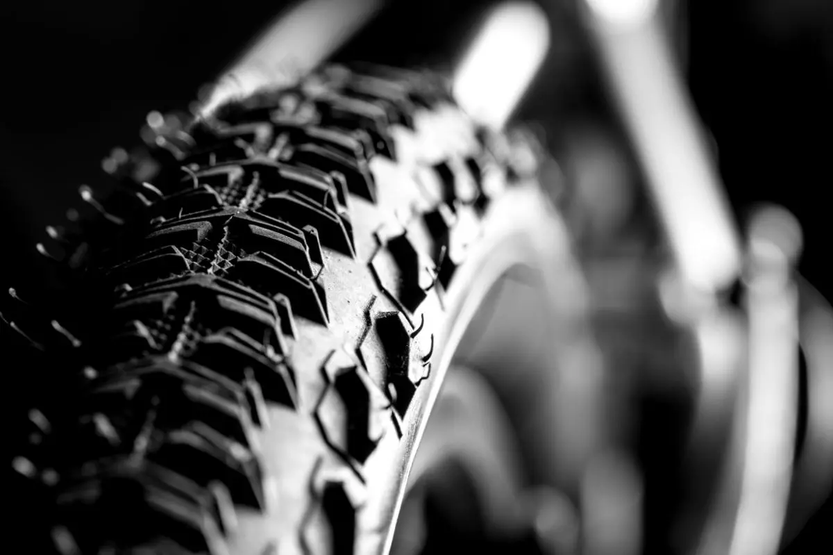 A close-up view of a bicycle tires.