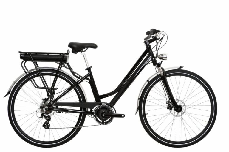 An electric bike with battery at the back.