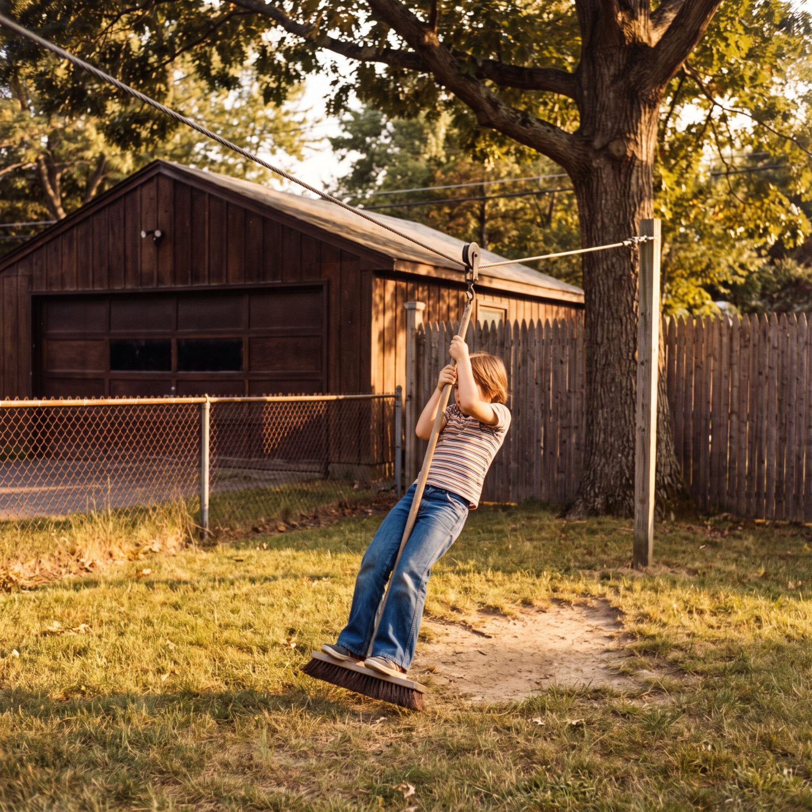 The Backyard Zip Line Built From Clothesline Cable and a Broom Handle