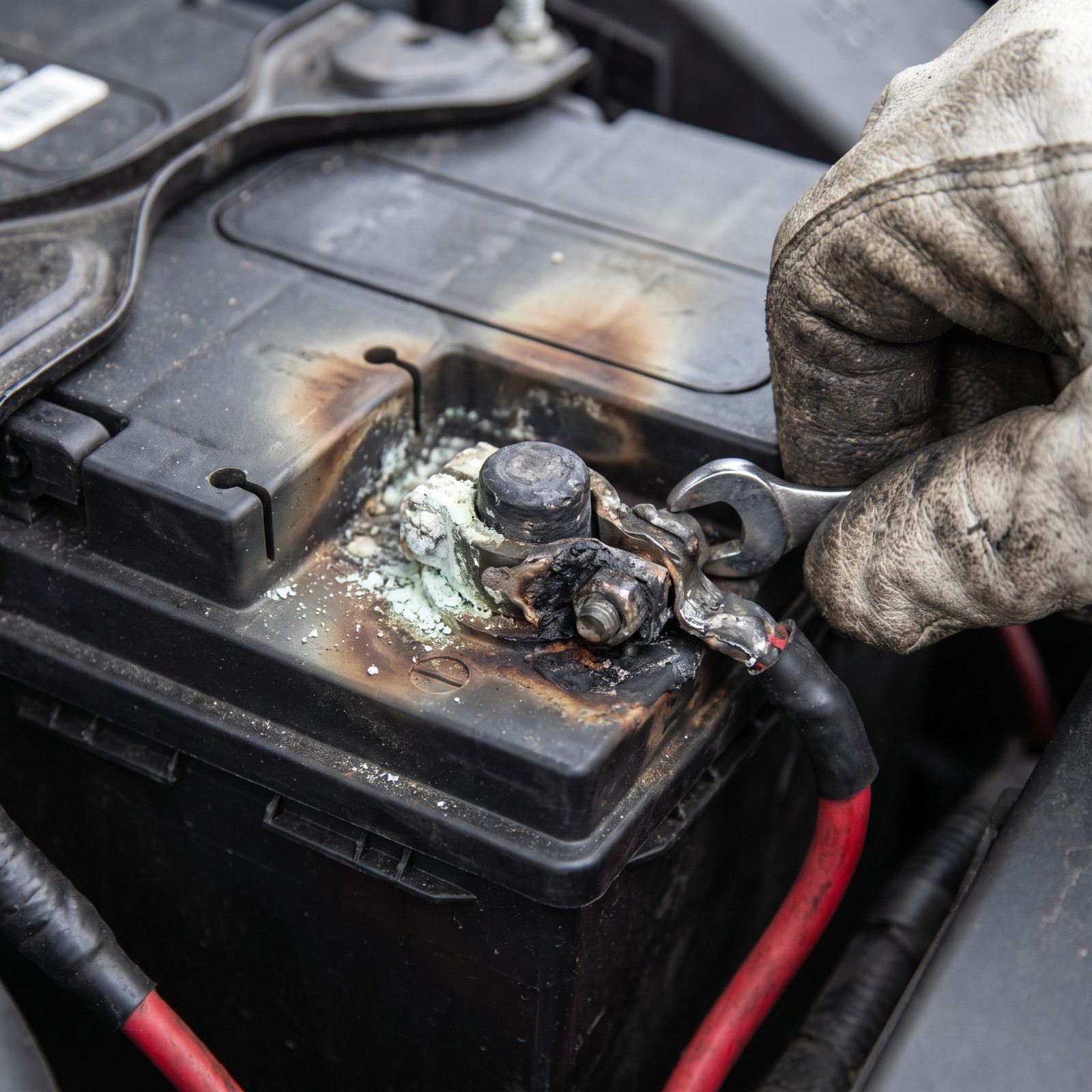 A Battery Terminal Gone Dark and Melted: Heat Scars That Reveal a Loose, High-Resistance Connection