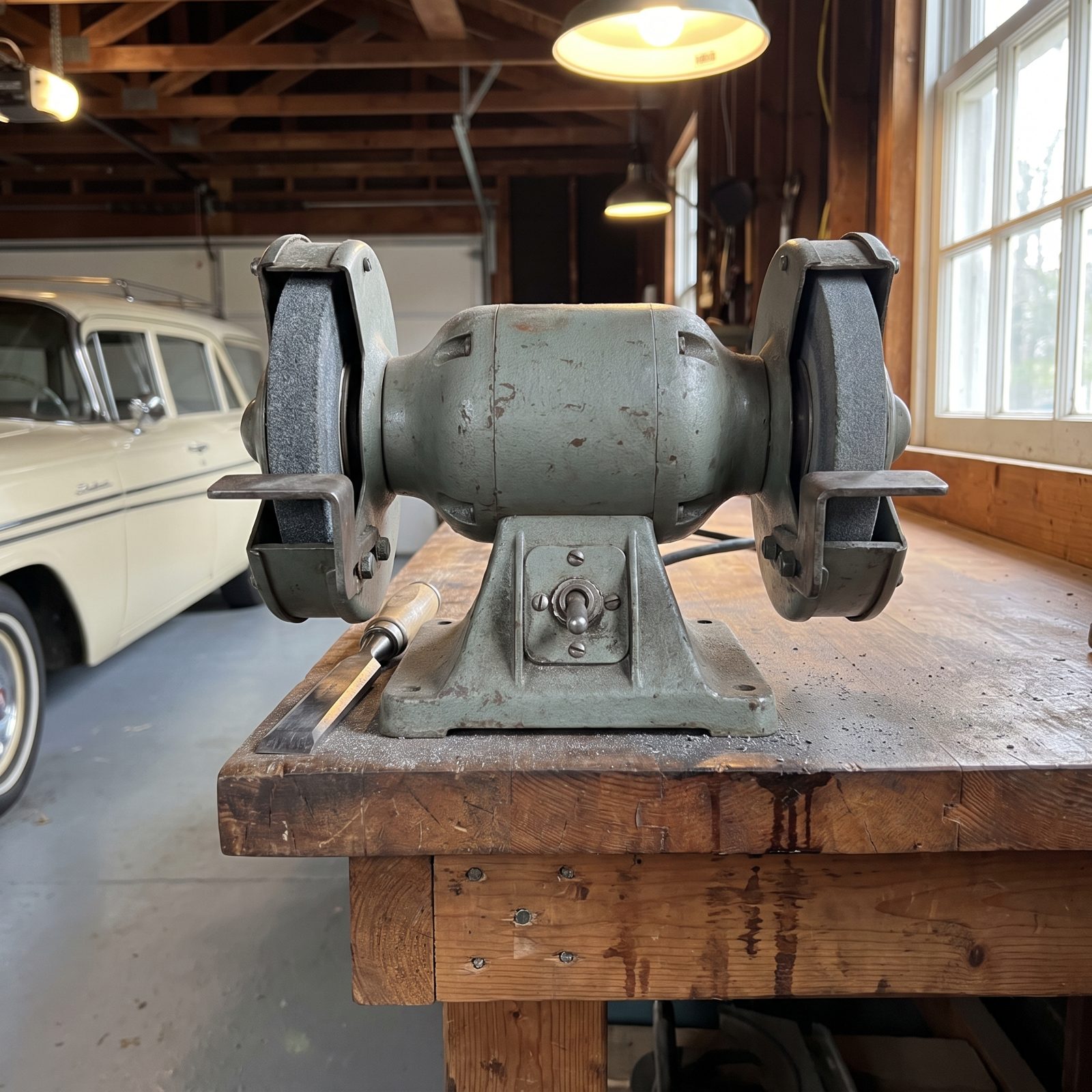 A Bench Grinder Bolted to the Workbench for Sharpening and Cleanup