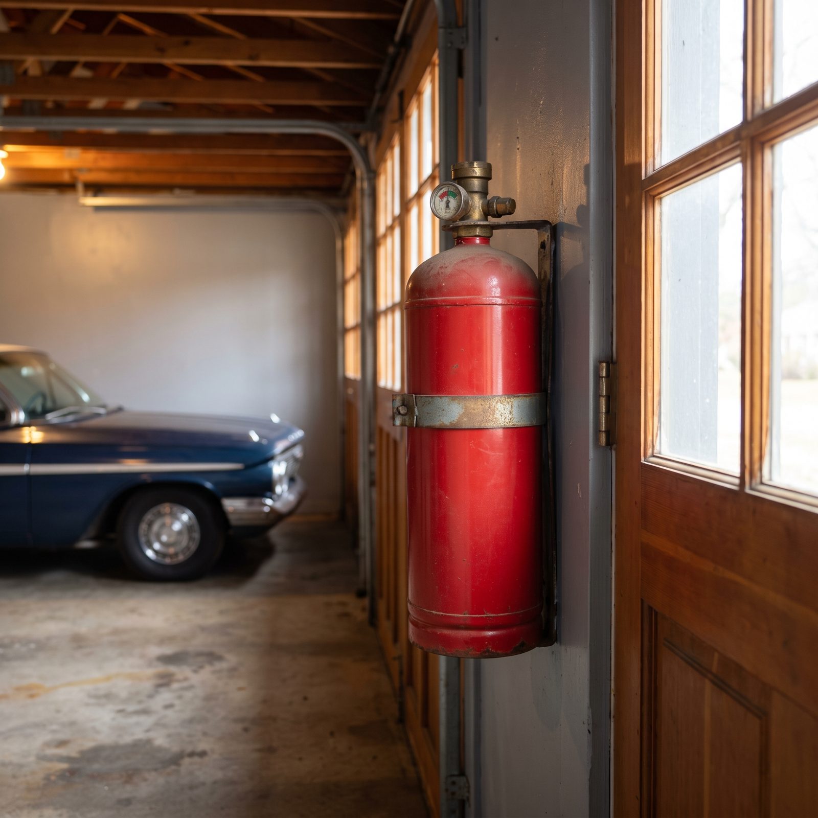 A Bright Red Fire Extinguisher Mounted Right by the Door