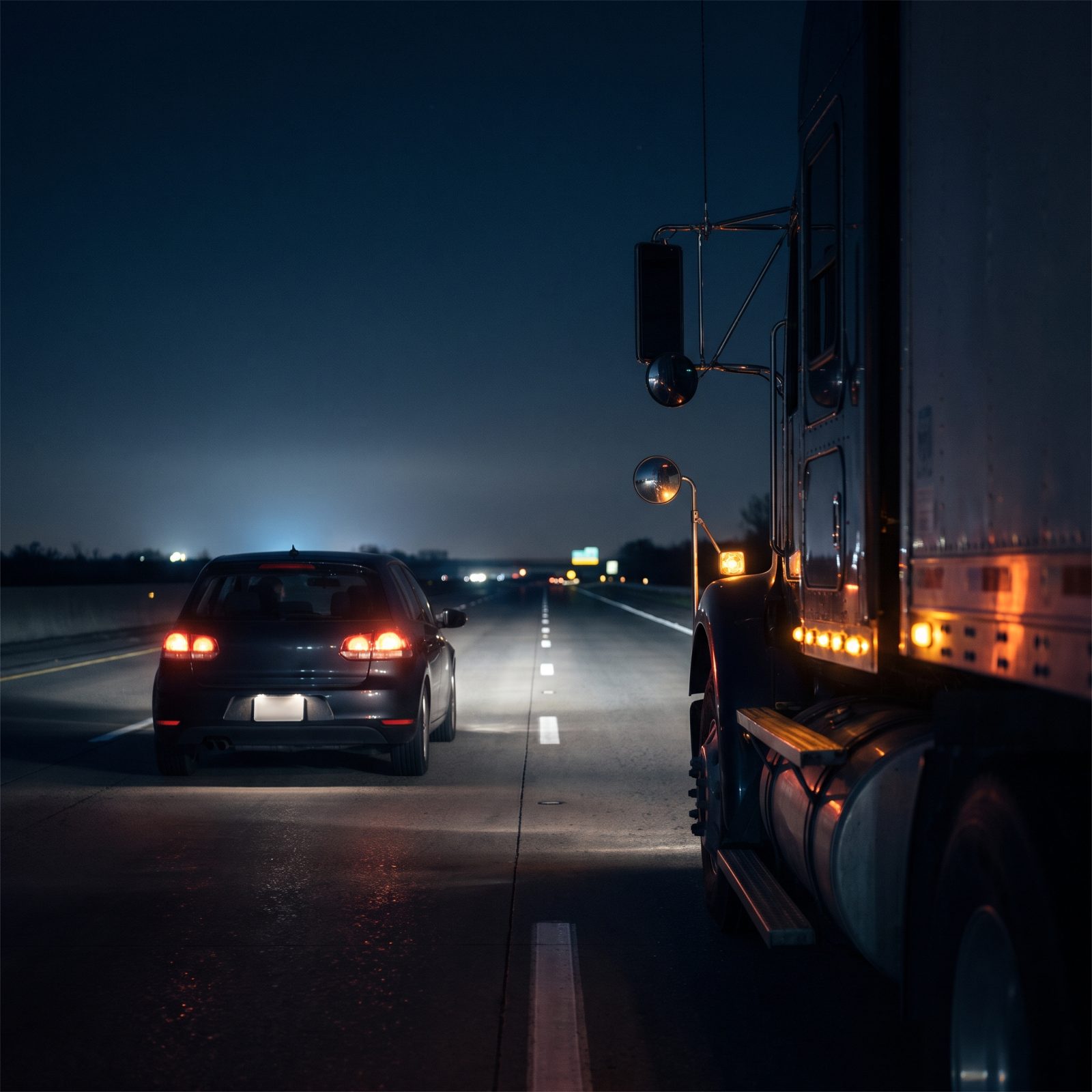 Drop to Low Beams Behind a Truck So Glare Doesn't Blind the Driver