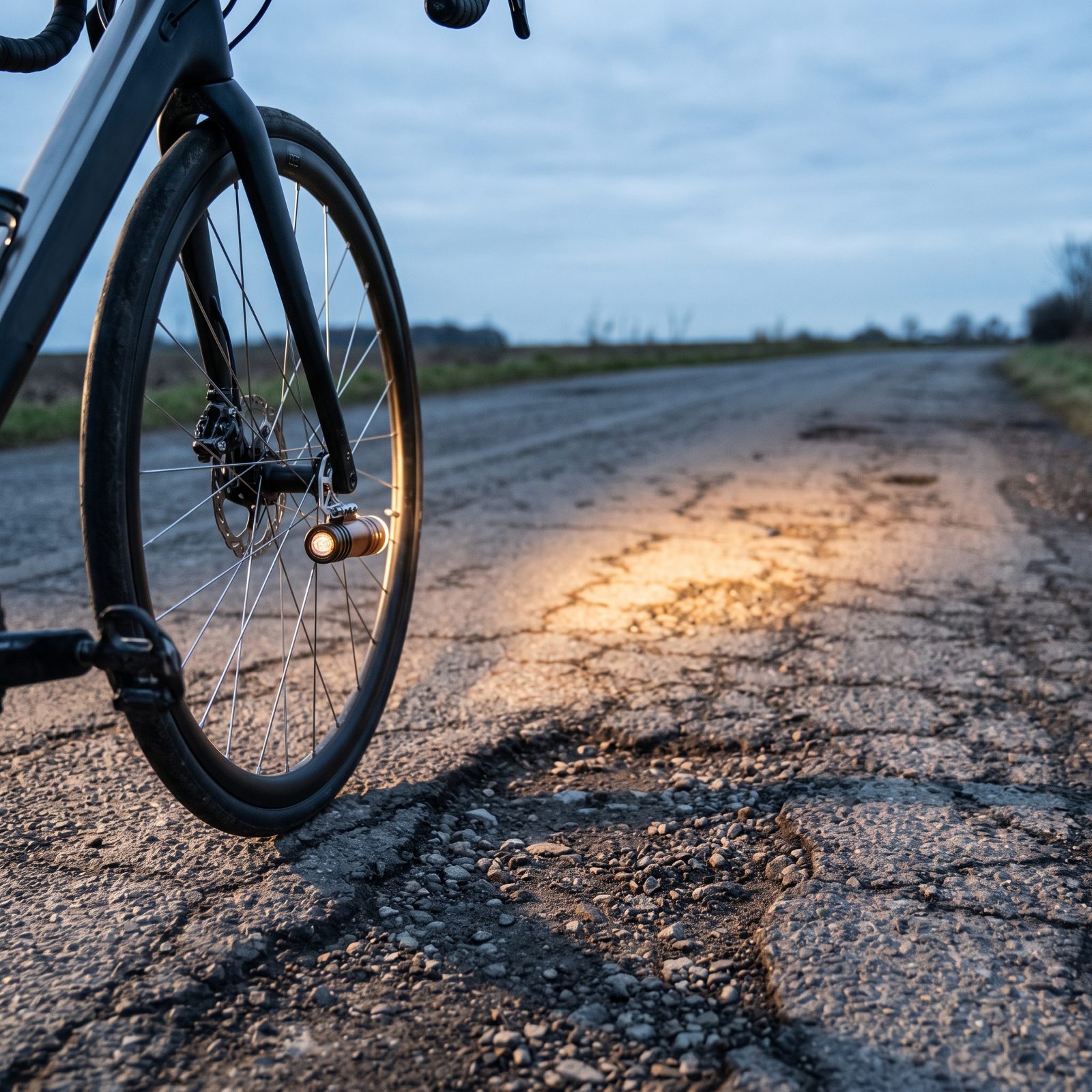 Fork-Mounted Headlights That Rake Shadows Across Road Damage