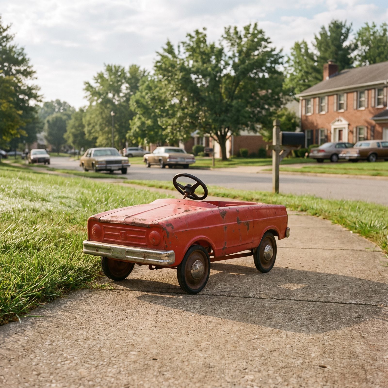 Metal Pedal Cars Driven Down Sloping Sidewalks