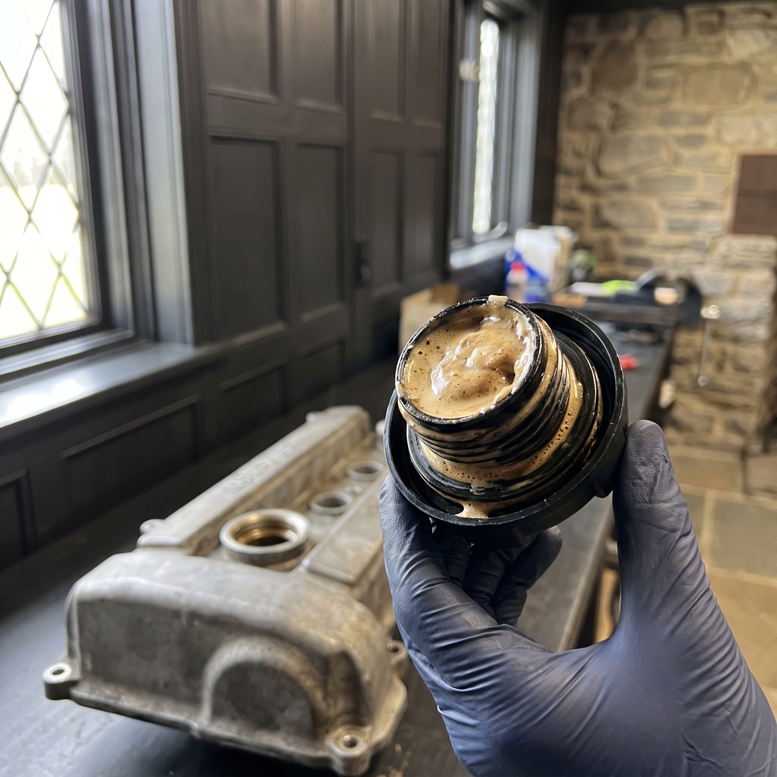 Milky Emulsion Clinging to the Oil Cap