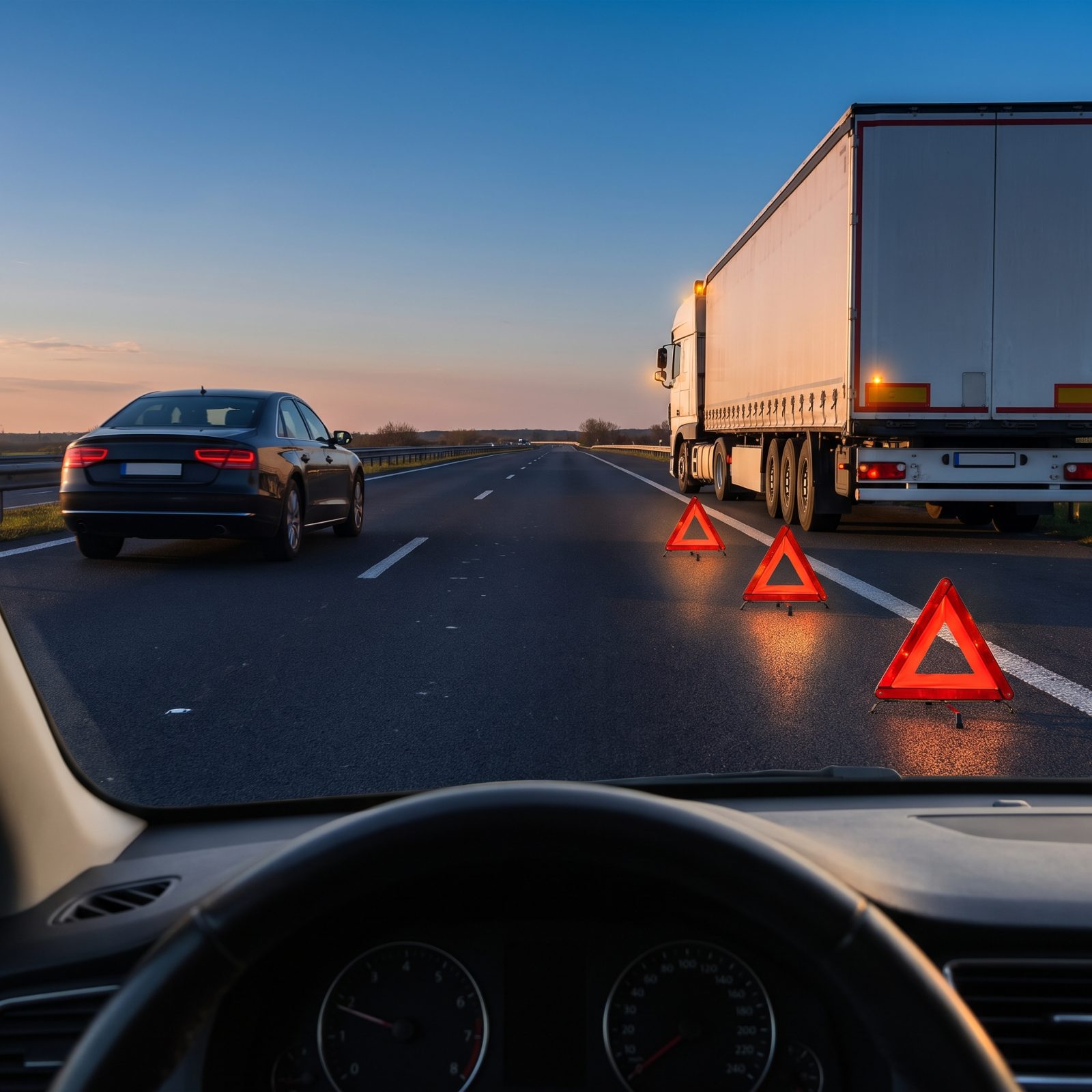 Move Away From a Stopped Truck's Reflective Triangles and Keep Its Rear Buffer Clear
