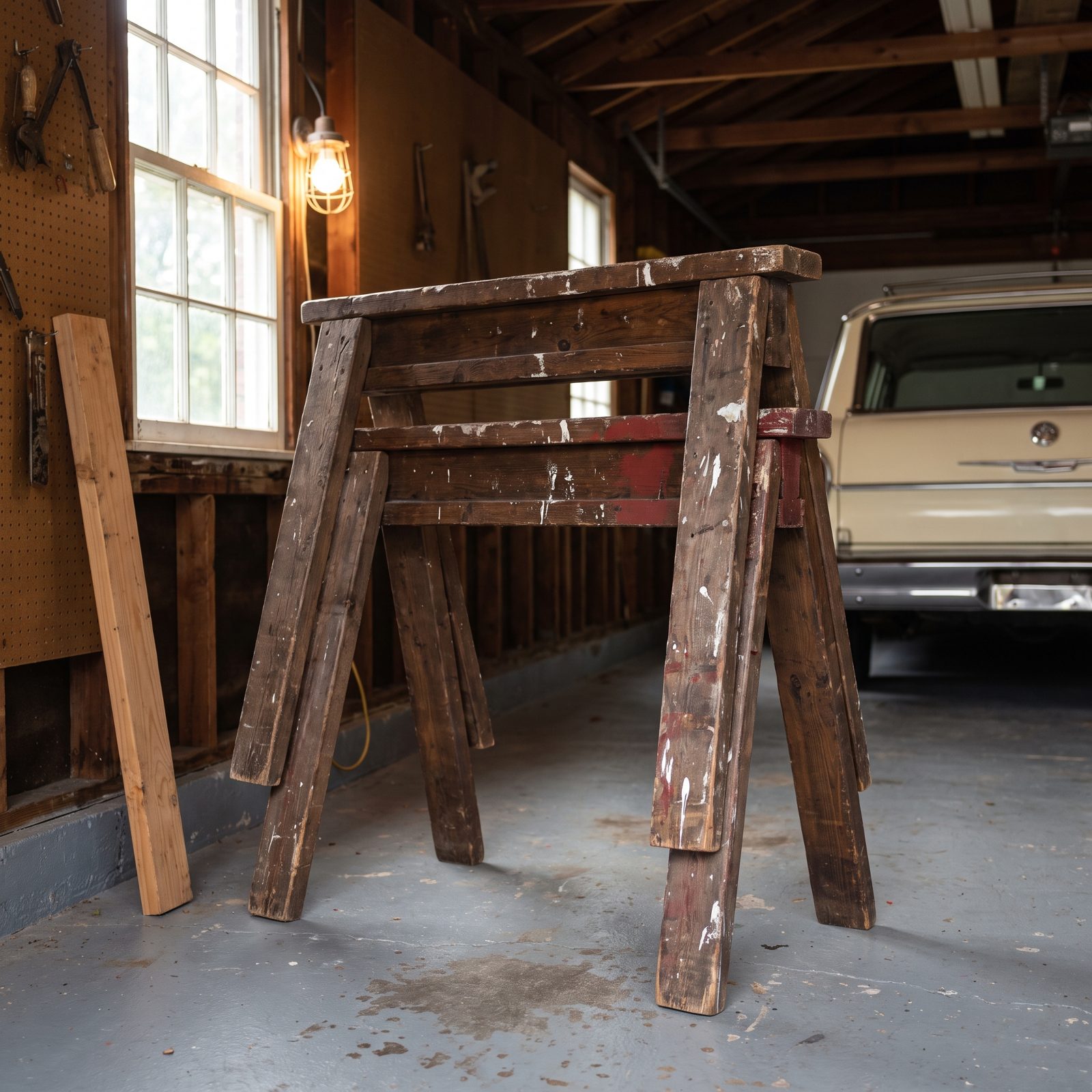 A Pair of Sturdy Wooden Sawhorses Stacked in the Corner