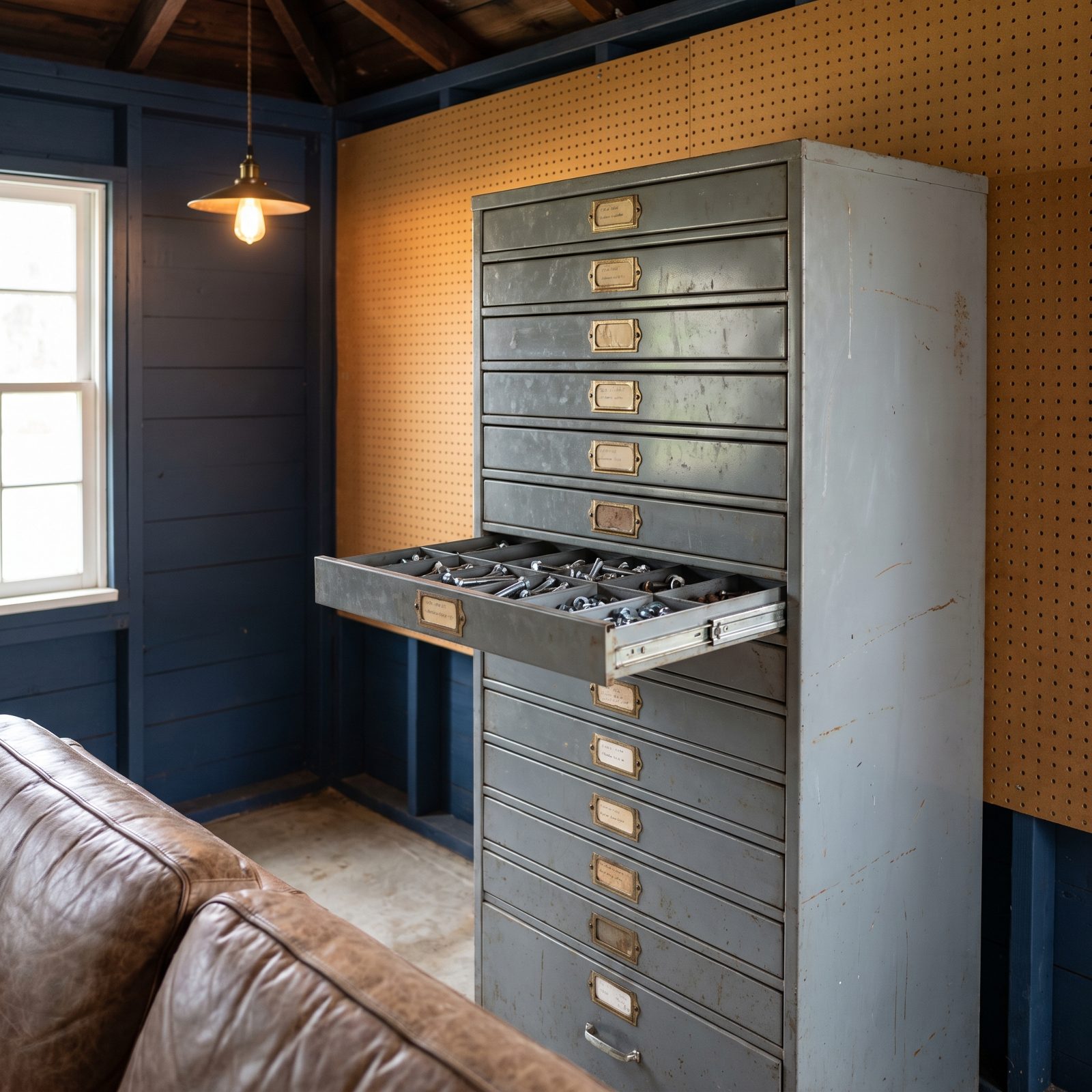 A Steel Cabinet With Labeled Parts Drawers