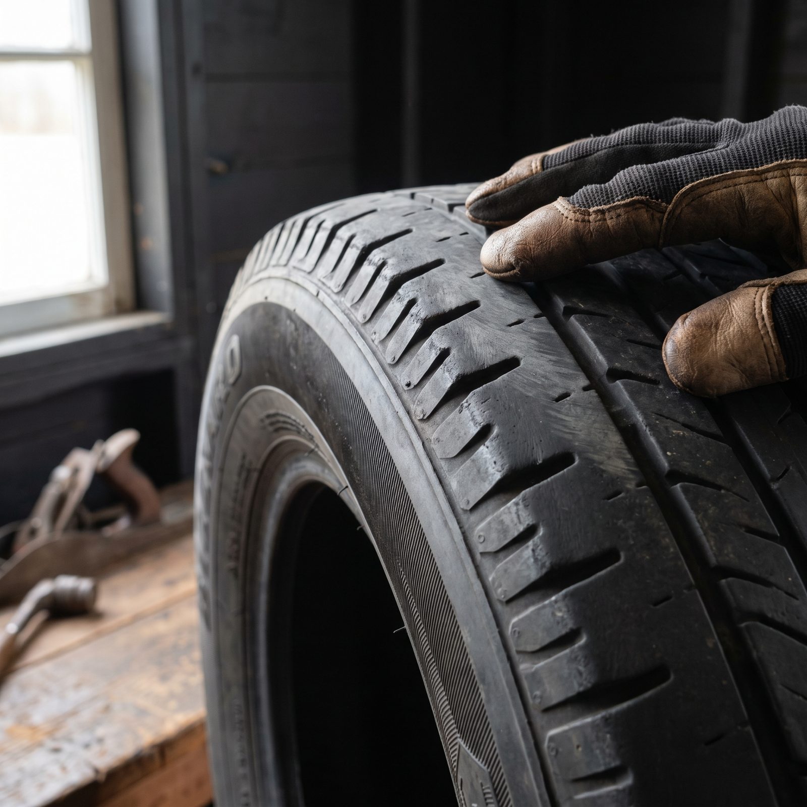 A Tire Feathered Across the Tread: Sharp One-Direction Edges That Point Straight at Toe Misalignment